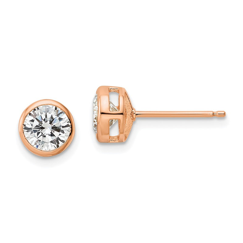 Sterling Silver Rose-Tone Polished 6mm Round Cz Bezel Set Stud Earrings