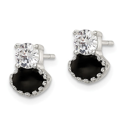 Sterling Silver Polished Black Enamel & Cz Post Earrings