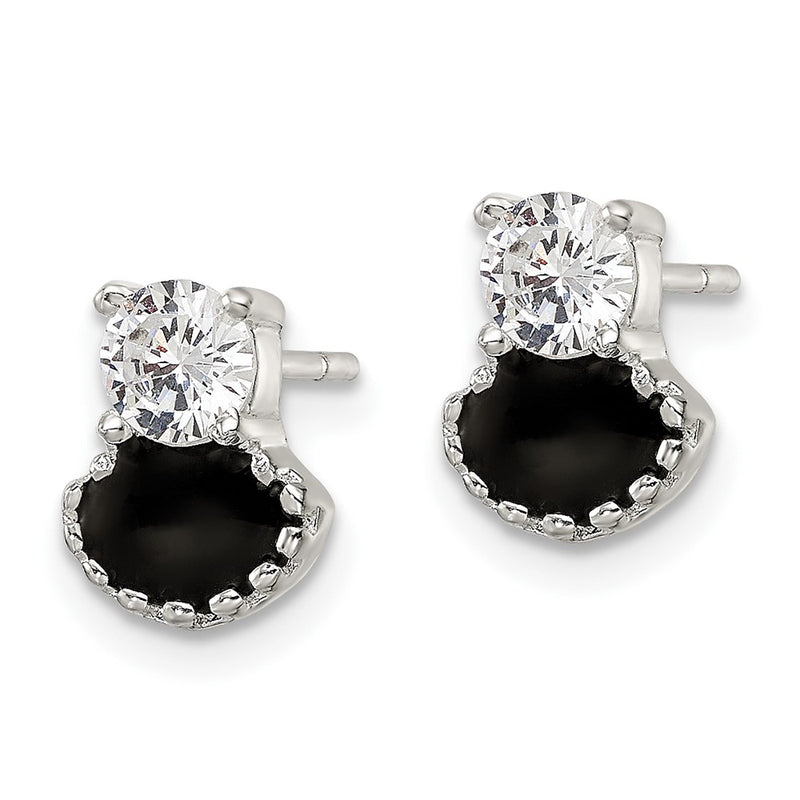 Sterling Silver Polished Black Enamel & Cz Post Earrings