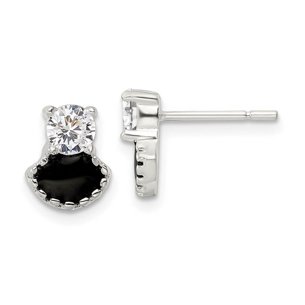 Sterling Silver Polished Black Enamel & Cz Post Earrings