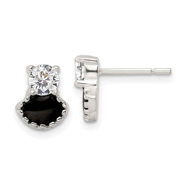 Sterling Silver Polished Black Enamel & Cz Post Earrings