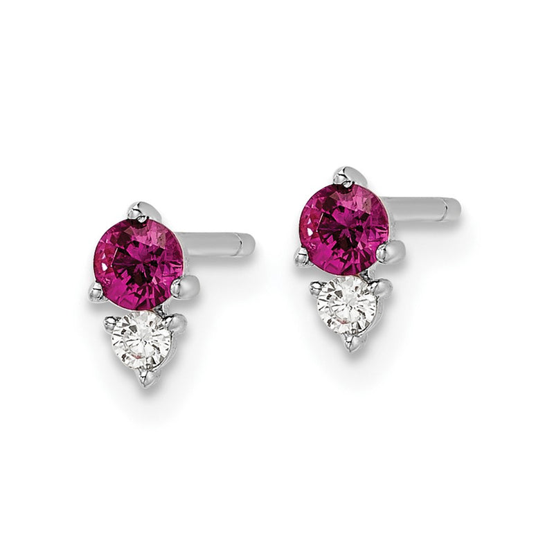 Sterling Silver Rhodium-Plated Polished Red & White Cz Post Earrings
