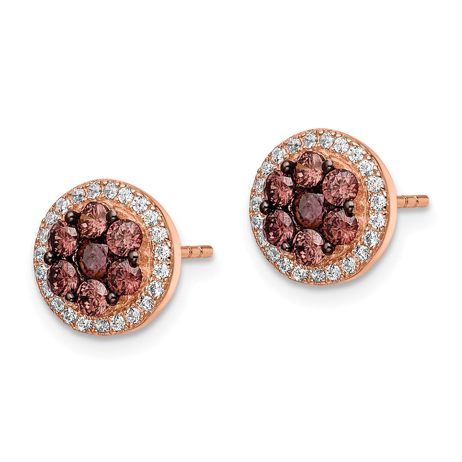 Sterling Silver Rose-Tone W/ Black Rhodium-Plated Accent Brown & White Cz Round Halo Post Earrings