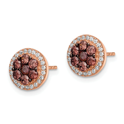 Sterling Silver Rose-Tone W/ Black Rhodium-Plated Accent Brown & White Cz Round Halo Post Earrings