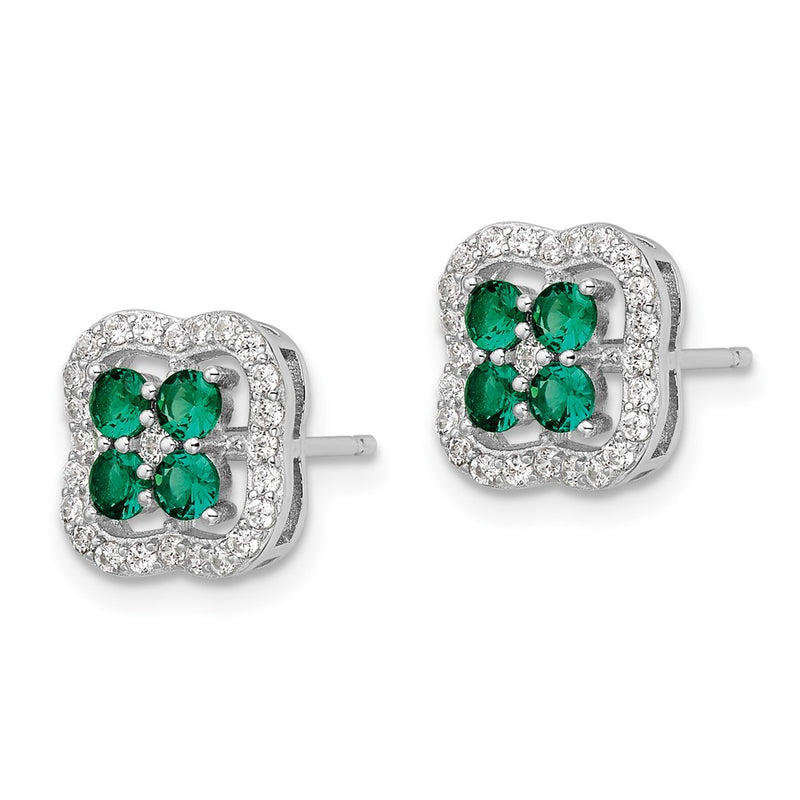Sterling Silver Rhod-Plated Polished Green & White Cz Clover Post Earrings