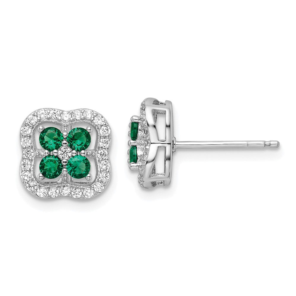 Sterling Silver Rhod-Plated Polished Green & White Cz Clover Post Earrings