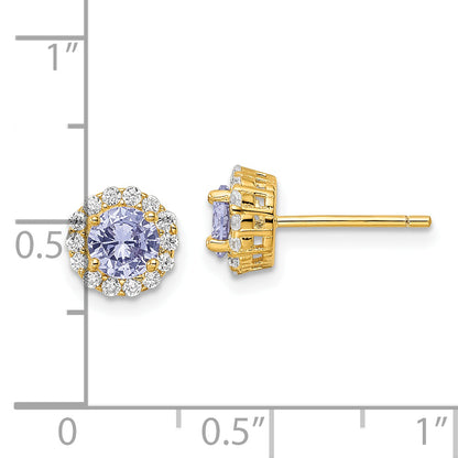 Sterling Silver Gold-Tone Polished Purple & White Cz Halo Post Earrings