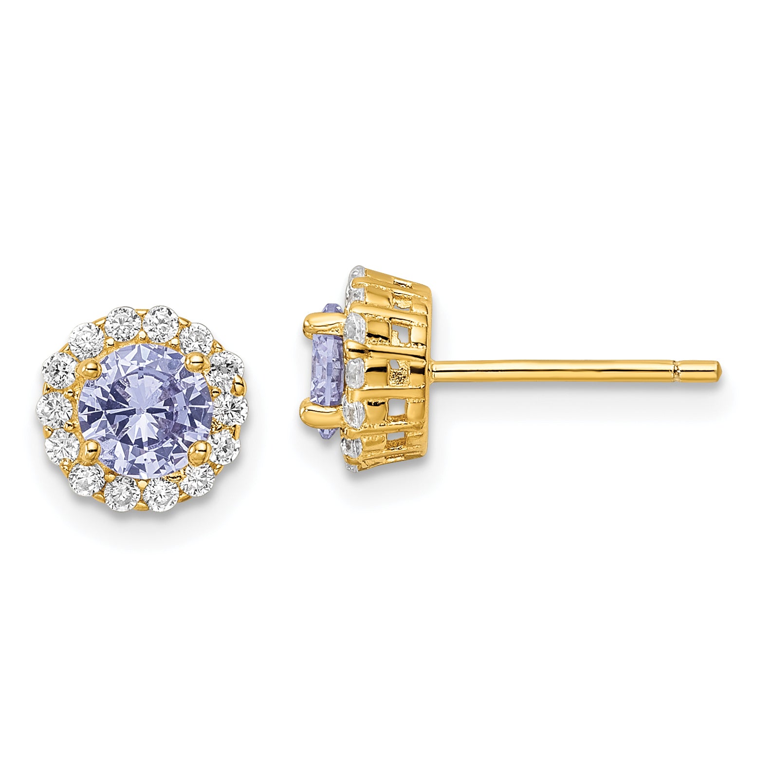 Sterling Silver Gold-Tone Polished Purple & White Cz Halo Post Earrings