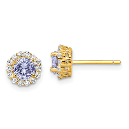 Sterling Silver Gold-Tone Polished Purple & White Cz Halo Post Earrings