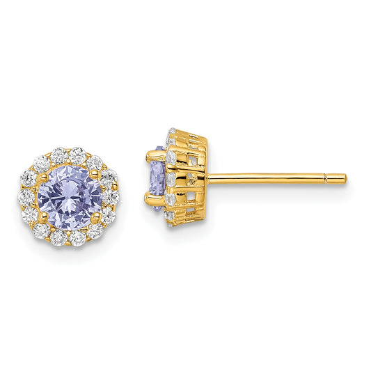 Sterling Silver Gold-Tone Polished Purple & White Cz Halo Post Earrings