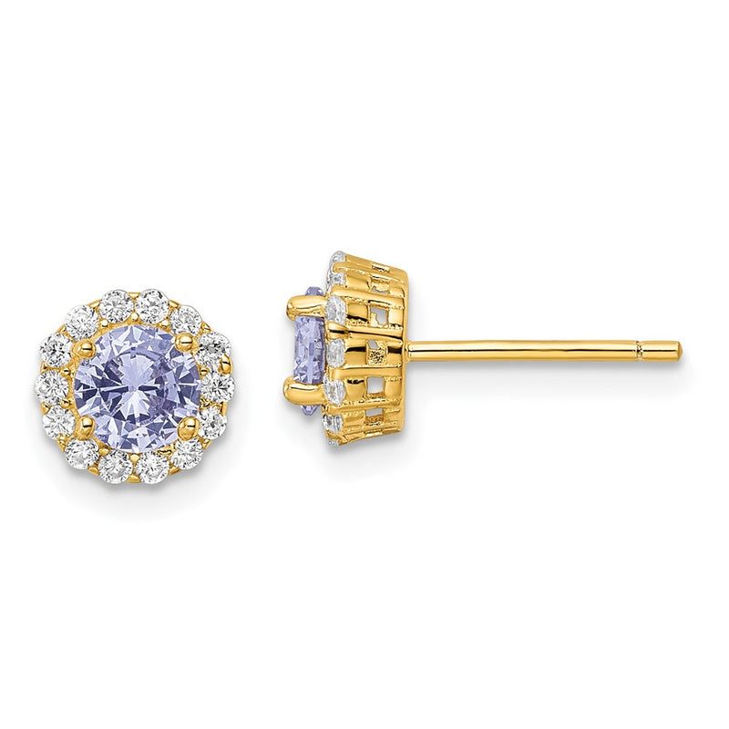 Sterling Silver Gold-Tone Polished Purple & White Cz Halo Post Earrings