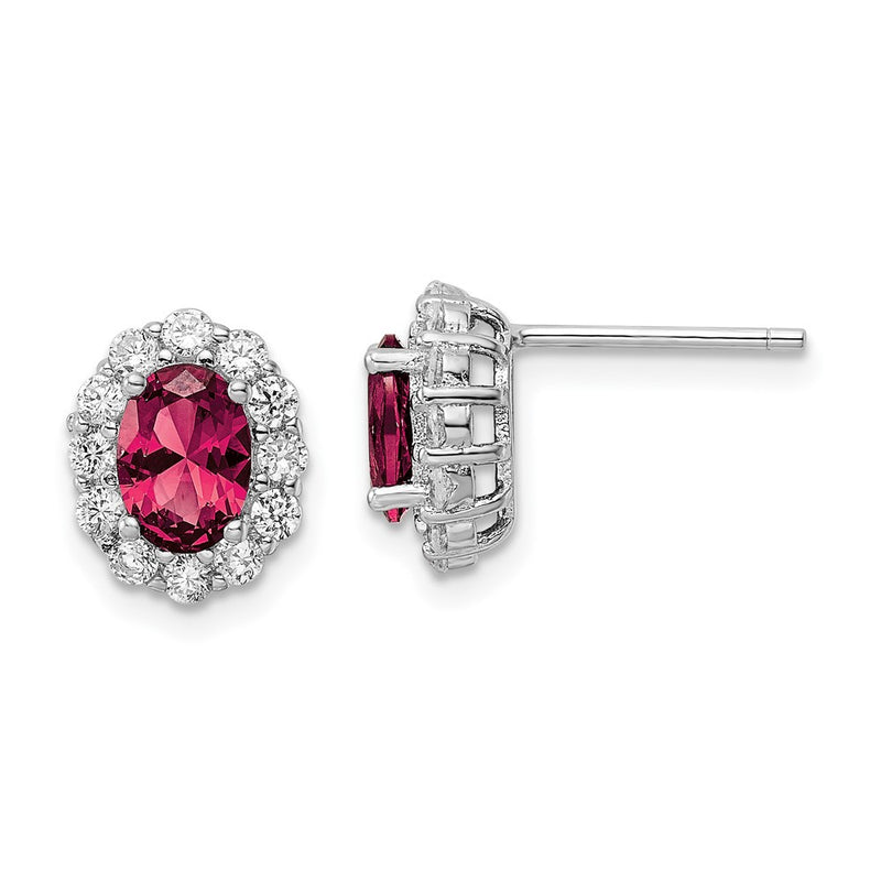 Sterling Silver Rhodium-Plated Red & White Cz Oval Post Earrings