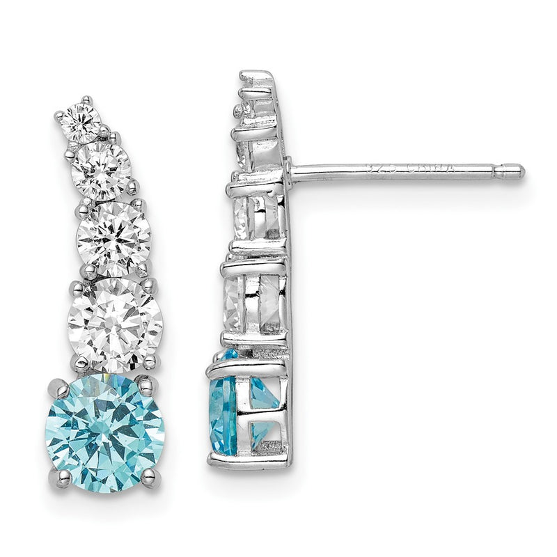 Sterling Silver Rhodium-Plated Blue & Clear Graduated Cz Post Earrings