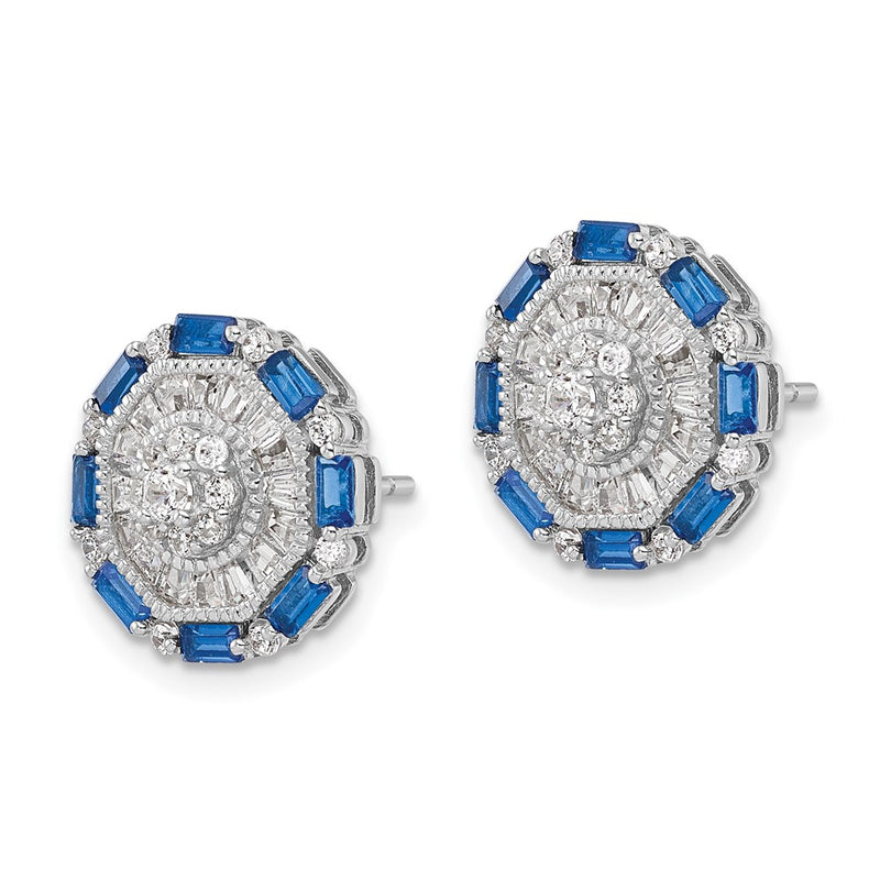 Sterling Silver Rh-Plated Polished Fancy Blue & White Cz Post Earrings