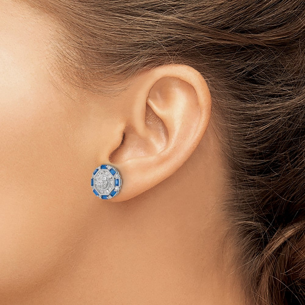 Sterling Silver Rh-Plated Polished Fancy Blue & White Cz Post Earrings