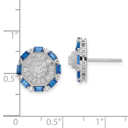 Sterling Silver Rh-Plated Polished Fancy Blue & White Cz Post Earrings