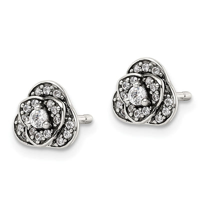 Sterling Silver Antiqued Cz Trilogy Post Earrings