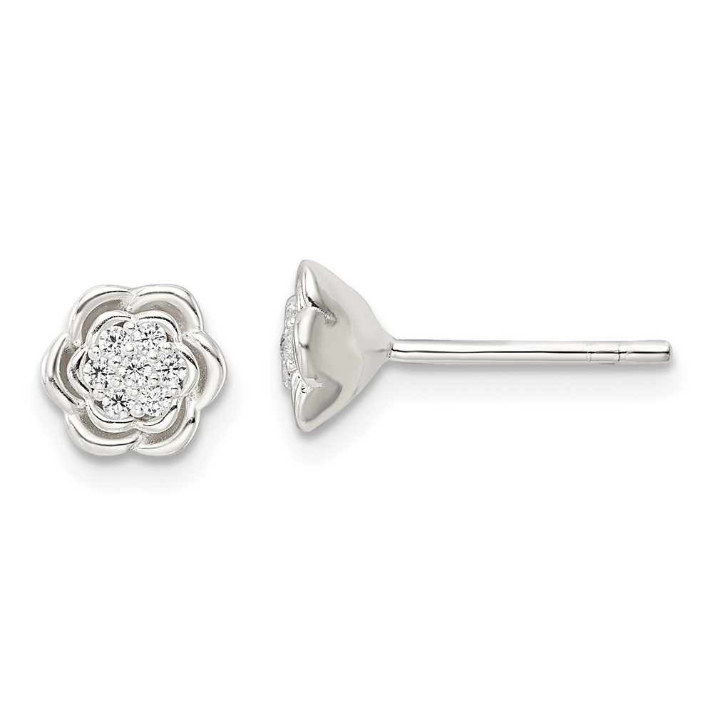 Sterling Silver Polished Floral Cz Post Earrings