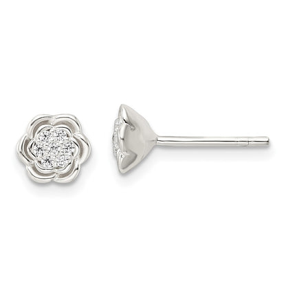 Sterling Silver Polished Floral Cz Post Earrings