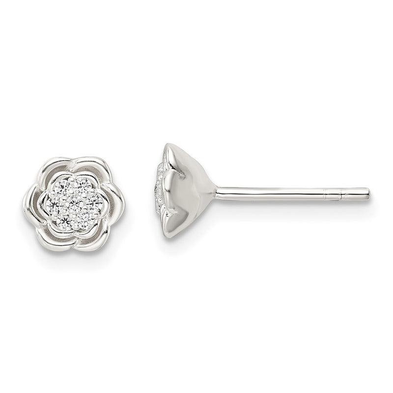 Sterling Silver Polished Floral Cz Post Earrings