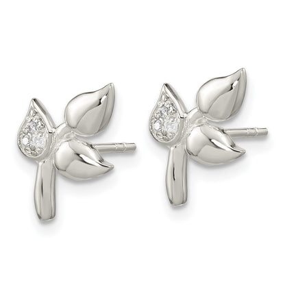 Sterling Silver Polished Cz Leaves Post Earrings
