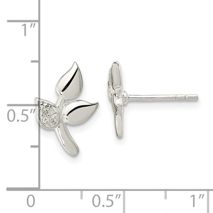 Sterling Silver Polished Cz Leaves Post Earrings
