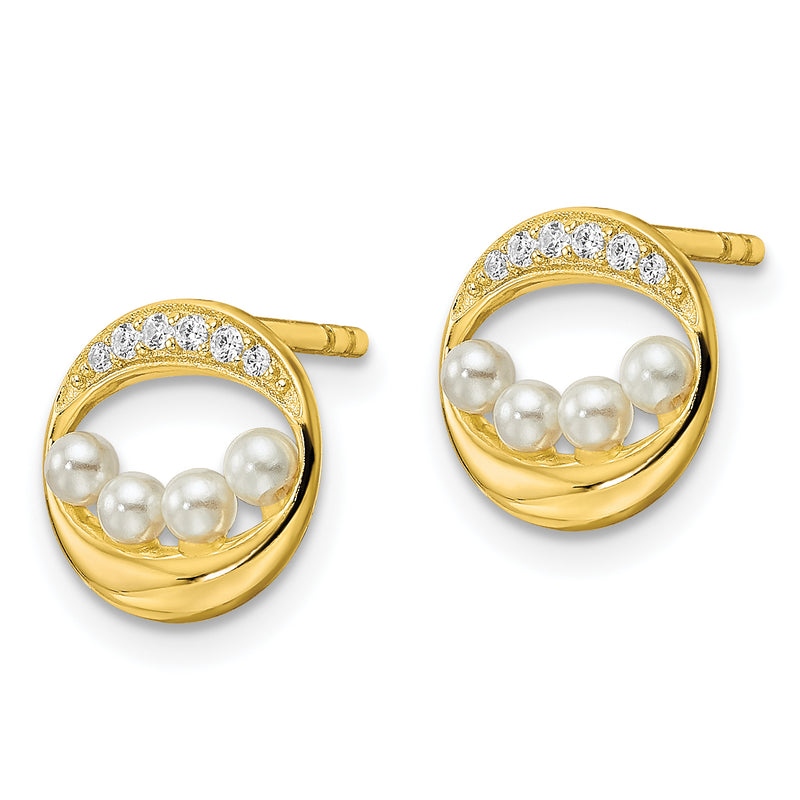 Sterling Silver Gold-Tone Cz & Shell Pearl Post Earrings