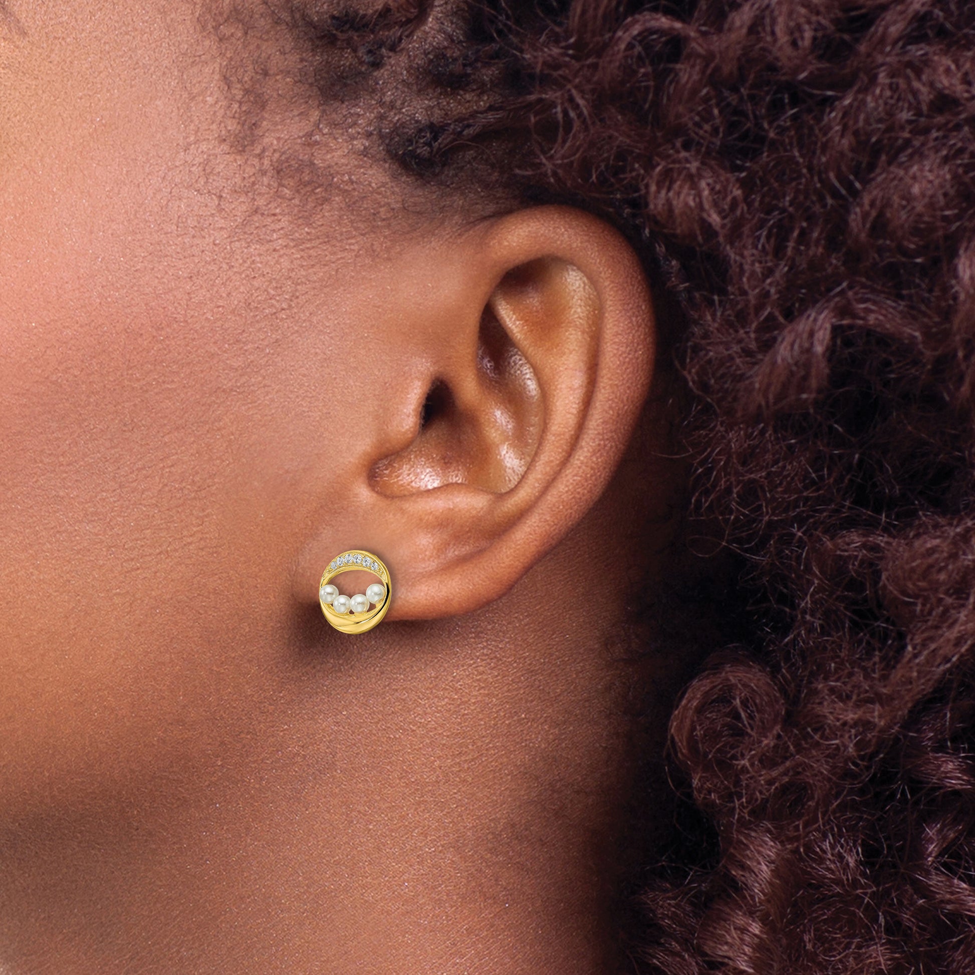 Sterling Silver Gold-Tone Cz & Shell Pearl Post Earrings