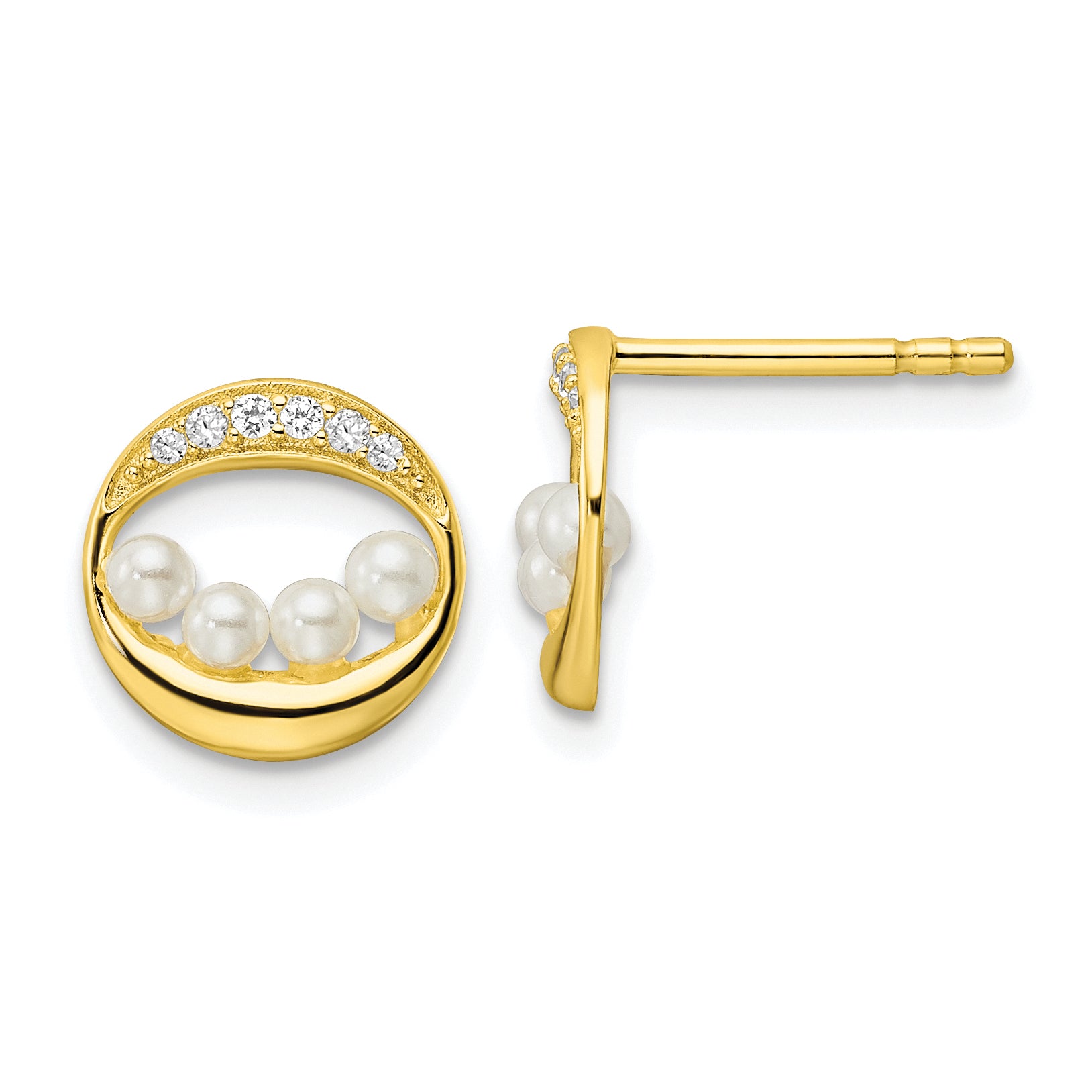 Sterling Silver Gold-Tone Cz & Shell Pearl Post Earrings