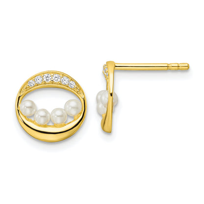 Sterling Silver Gold-Tone Cz & Shell Pearl Post Earrings