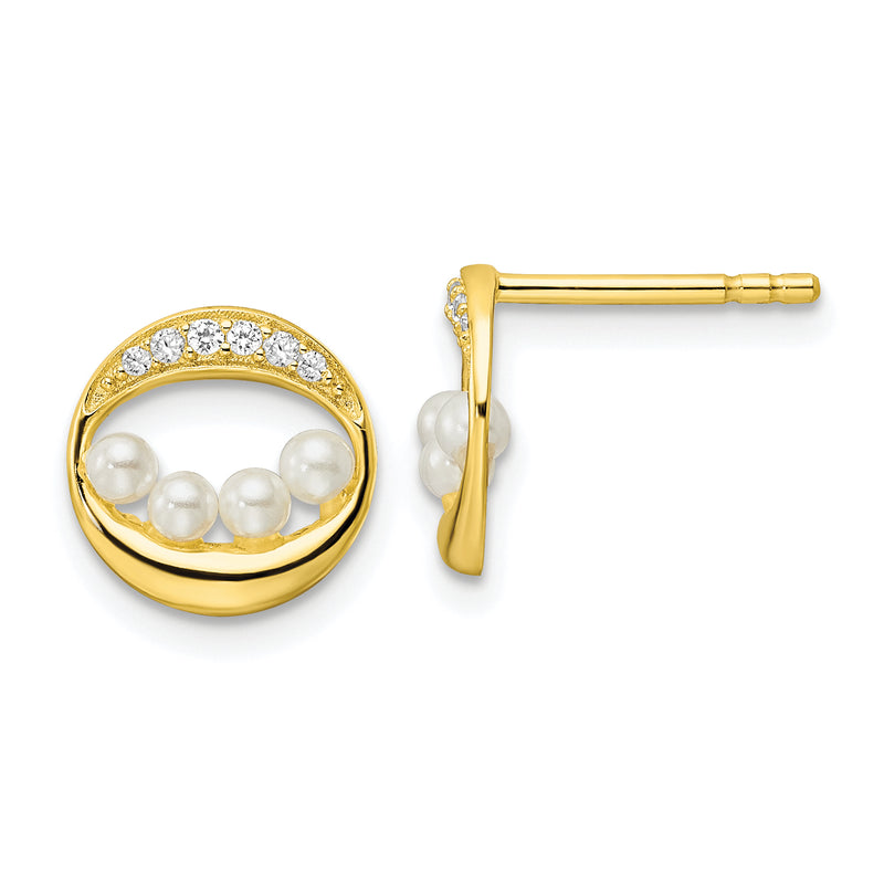 Sterling Silver Gold-Tone Cz & Shell Pearl Post Earrings