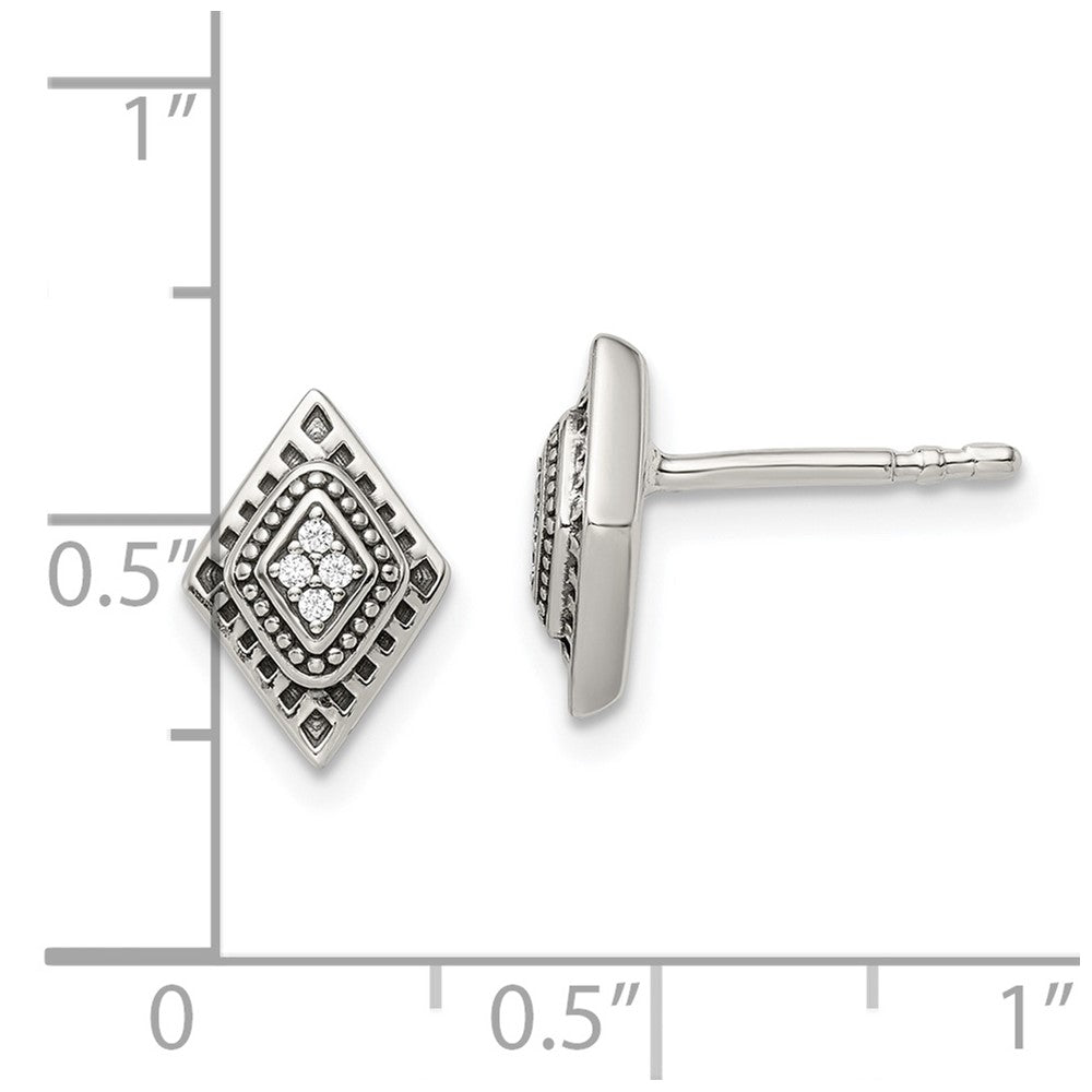 Sterling Silver Polished & Antiqued Cz Diamond-Shape Post Earrings
