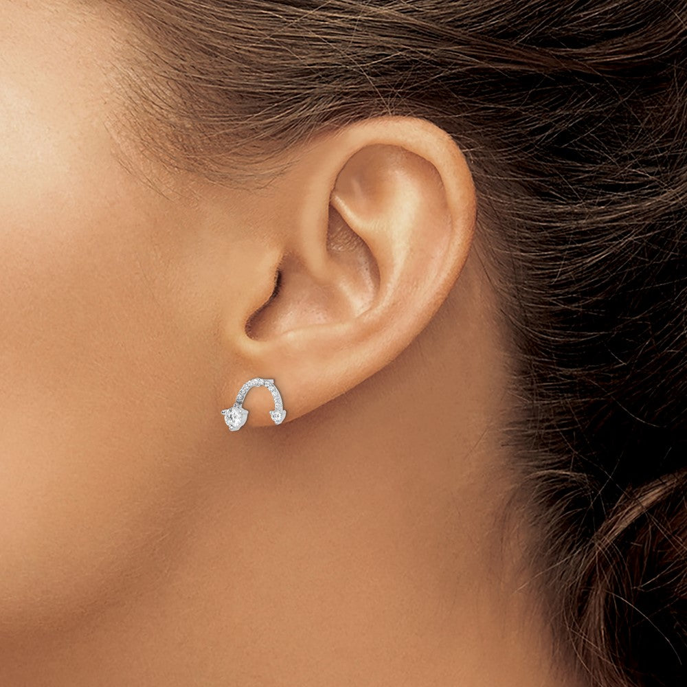 Sterling Silver Rhodium-Plated Polished Cz Half Circle Post Earrings
