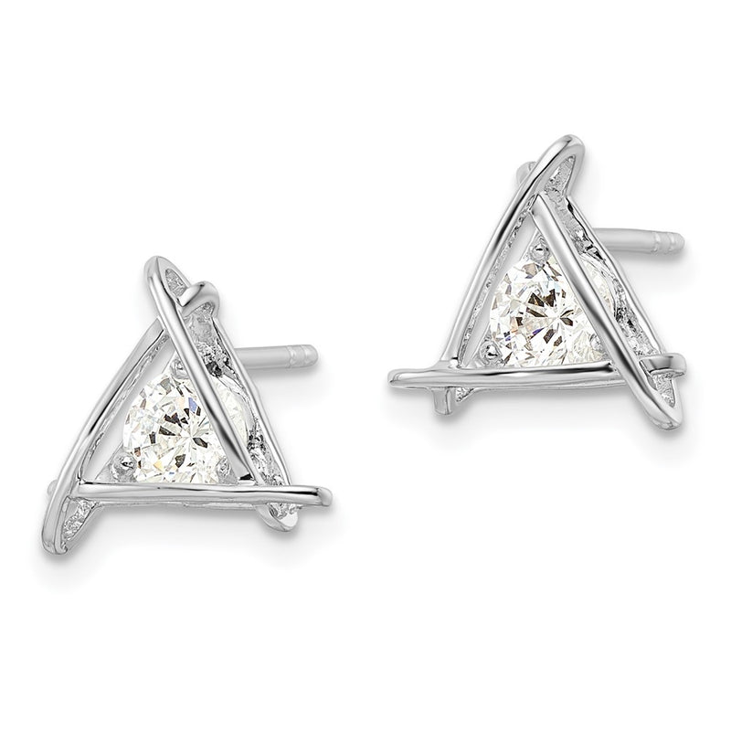 Sterling Silver Rhodium-Plated Triangle Cz Post Earrings