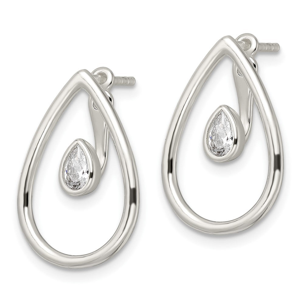 Sterling Silver Polished Teardrop W/Drop And Dangle Cz Threader Post Earrin