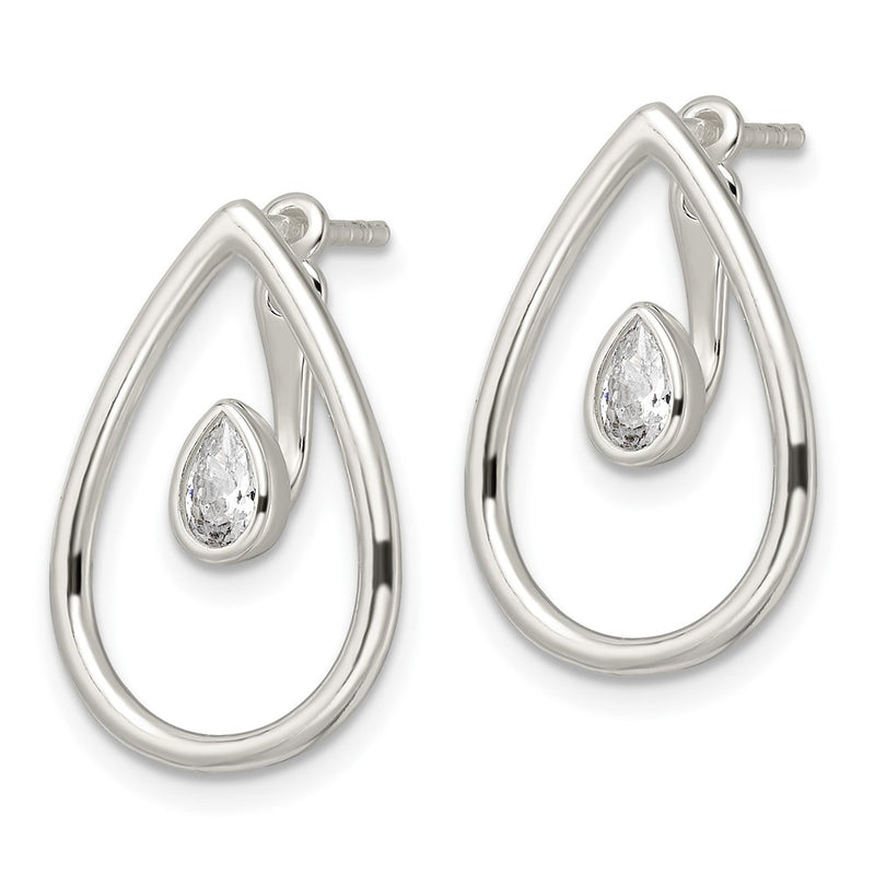 Sterling Silver Polished Teardrop W/Drop And Dangle Cz Threader Post Earrin