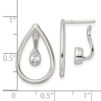 Sterling Silver Polished Teardrop W/Drop And Dangle Cz Threader Post Earrin