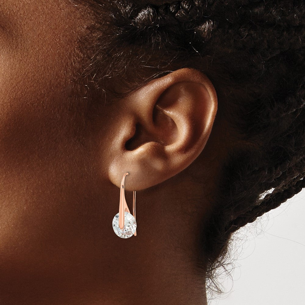 Sterling Silver Rose-Tone Polished Round Cz Dangle Earrings