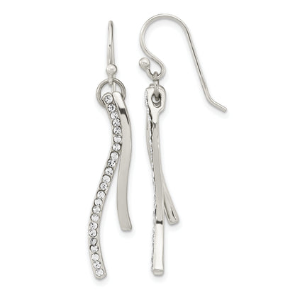Sterling Silver Polished Cz Wavy Bar Dangle Shephard Hook Earrings