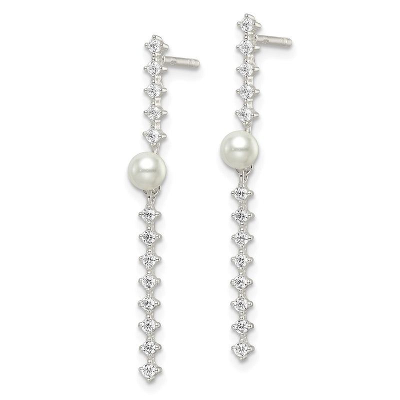 Sterling Silver Polished Cz And Glass Pearl Post Earrings