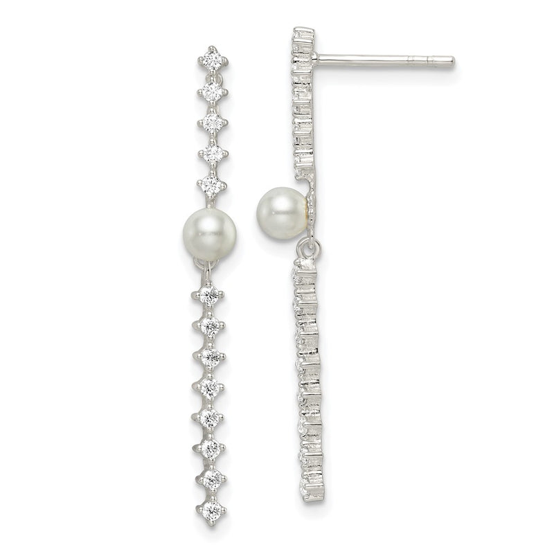 Sterling Silver Polished Cz And Glass Pearl Post Earrings