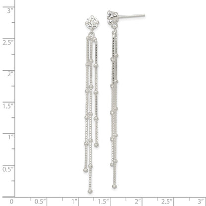 Sterling Silver Polished Cz & Beaded Chain Post Dangle Earrings