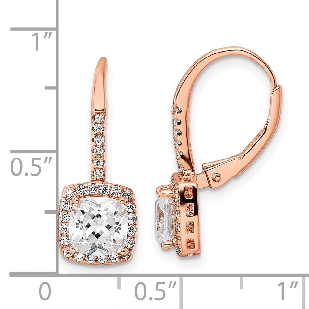Sterling Silver Rose-Tone Polished Princess Cut Cz Halo Leverback Earrings