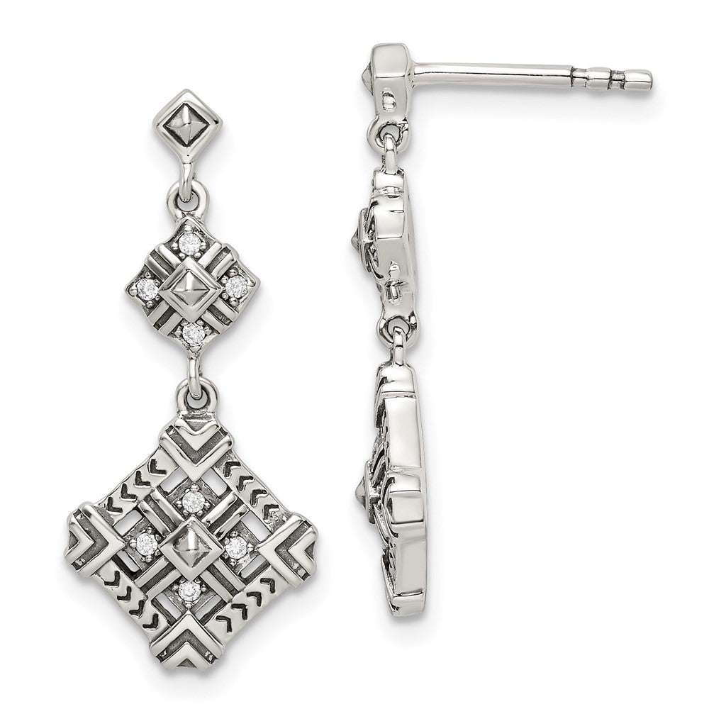 Sterling Silver Antiqued Cz Dangle Post Earrings