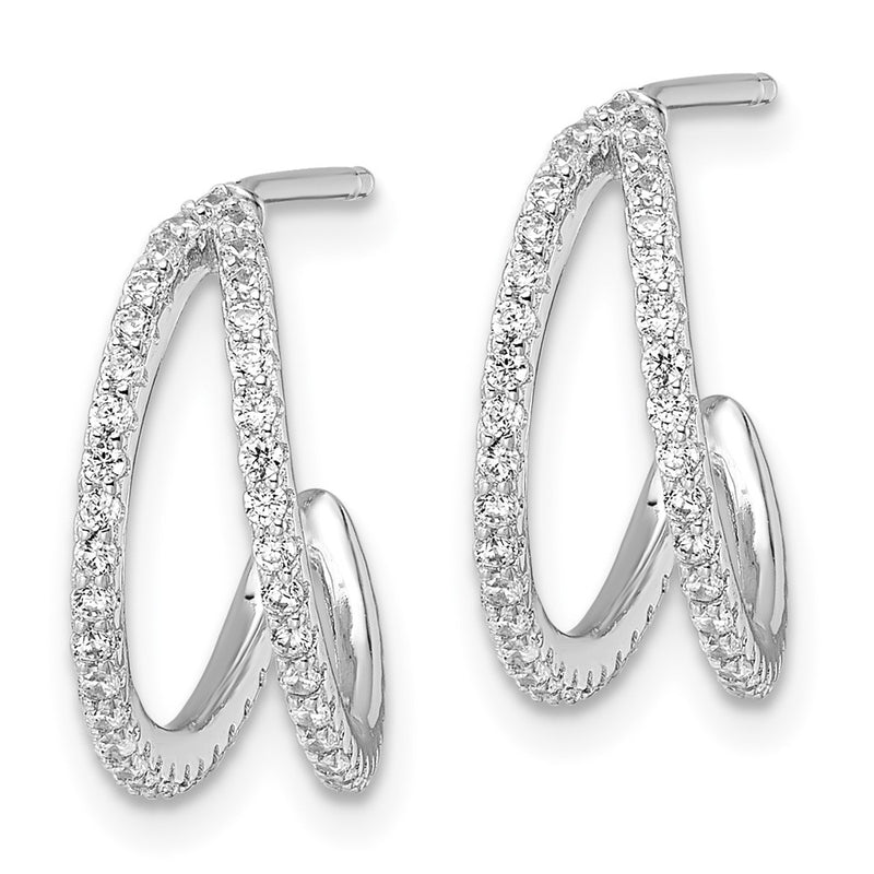 Sterling Silver Polished Rhodium-Plated Cz Post Hoop Earrings