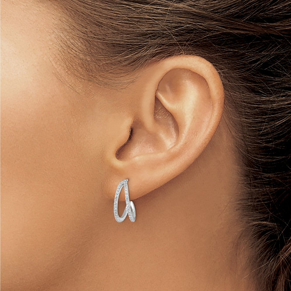 Sterling Silver Polished Rhodium-Plated Cz Post Hoop Earrings