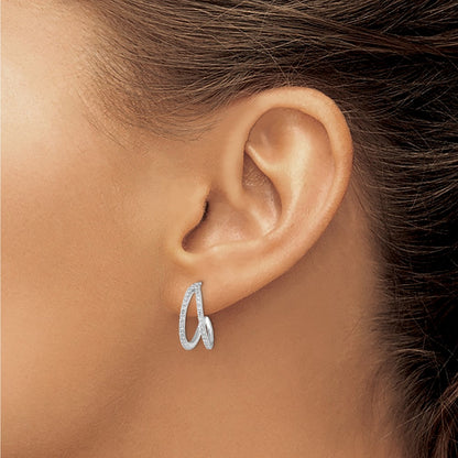 Sterling Silver Polished Rhodium-Plated Cz Post Hoop Earrings