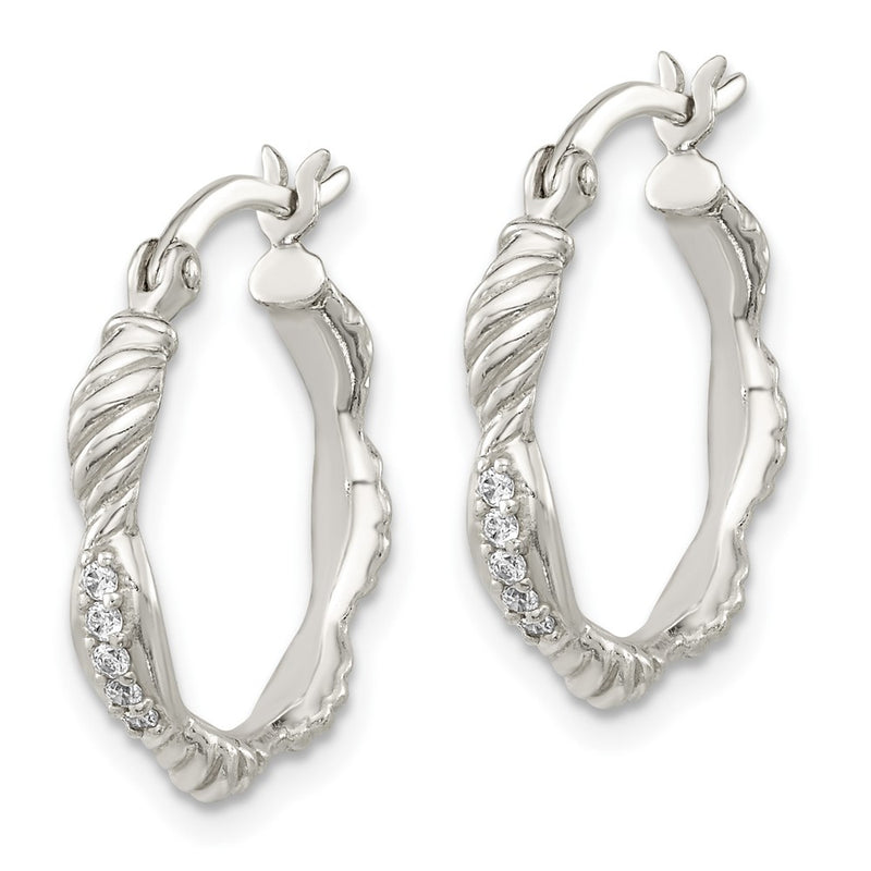 Sterling Silver Polished Cz And Textured Hoop Earrings