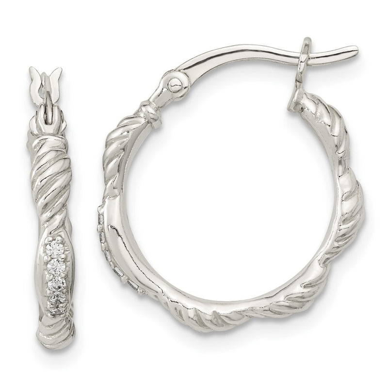 Sterling Silver Polished Cz And Textured Hoop Earrings