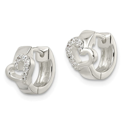 Sterling Silver Polished Cz Heart Hinged Hoop Earrings